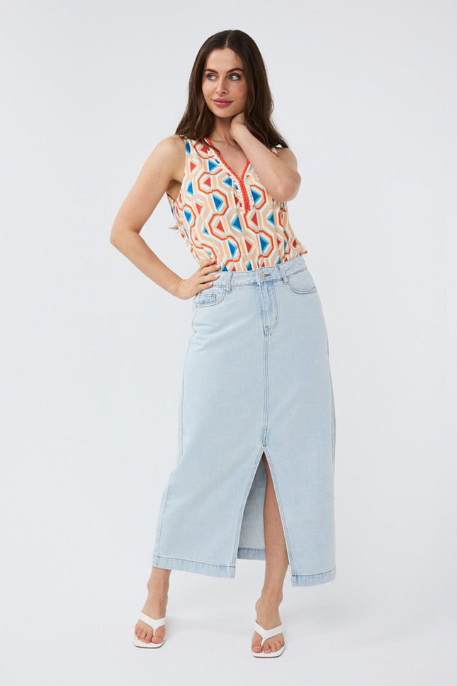 EsQualo Skirt maxi twill light blue 12210 Stretchshop.nl