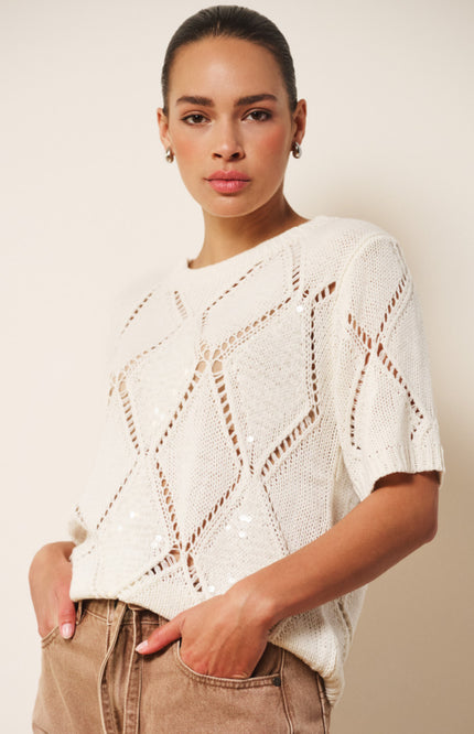 EsQualo Sweater Ajour Diamond Sequins Ecru SP26.02016 Stretchshop.nl