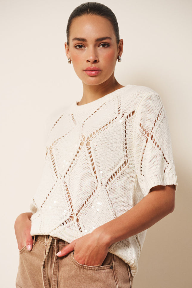 EsQualo Sweater Ajour Diamond Sequins Ecru SP26.02016 Stretchshop.nl