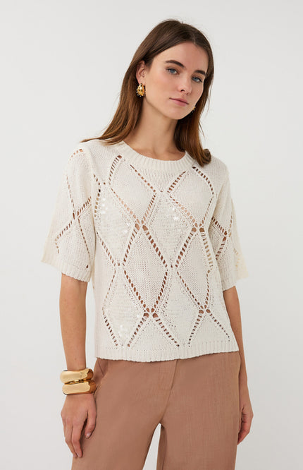 EsQualo Sweater Ajour Diamond Sequins Ecru SP26.02016 Stretchshop.nl
