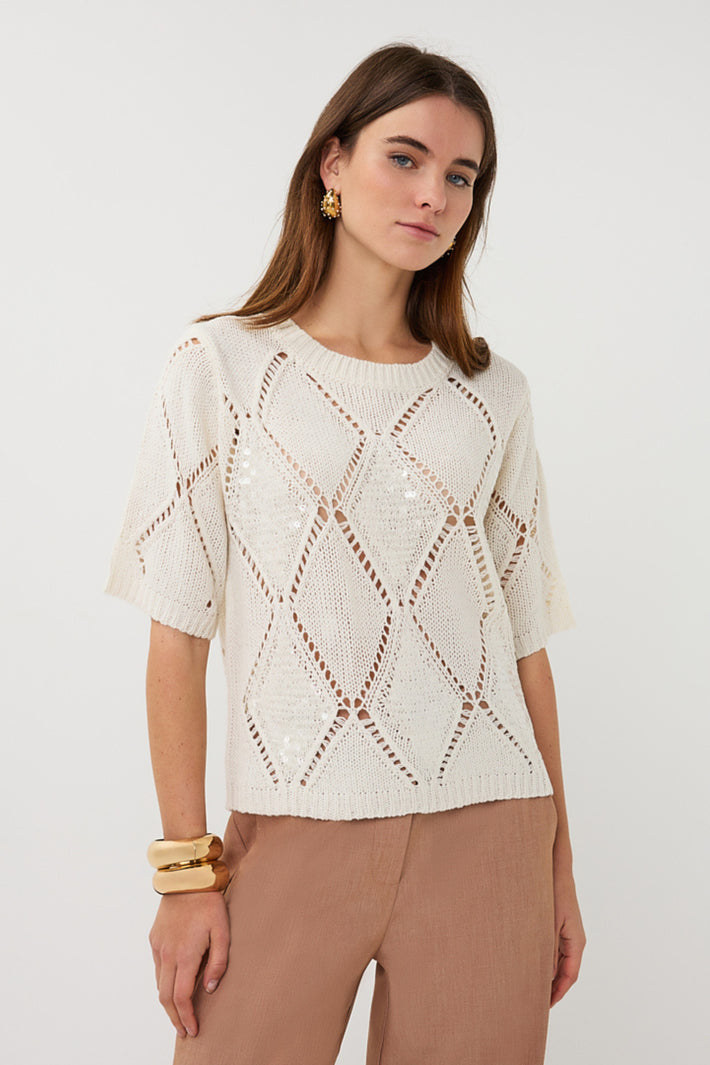 Ecru EsQualo Sweater Ajour Diamond Sequins met glanzende details, zachte textuur en stijlvolle uitstraling.