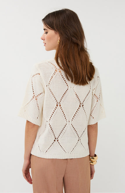 EsQualo Sweater Ajour Diamond Sequins Ecru SP26.02016 Stretchshop.nl