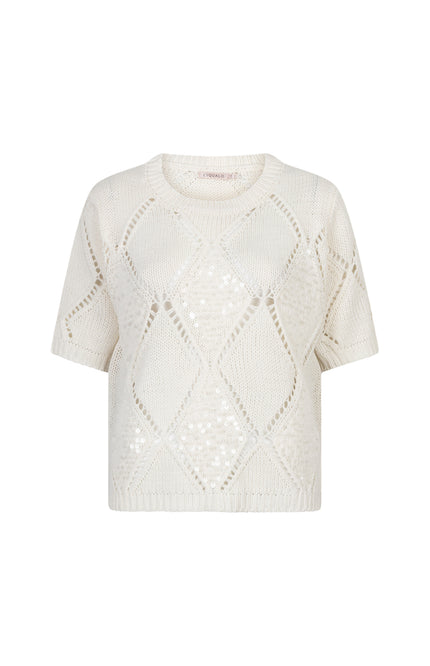 EsQualo Sweater Ajour Diamond Sequins Ecru SP26.02016 Stretchshop.nl