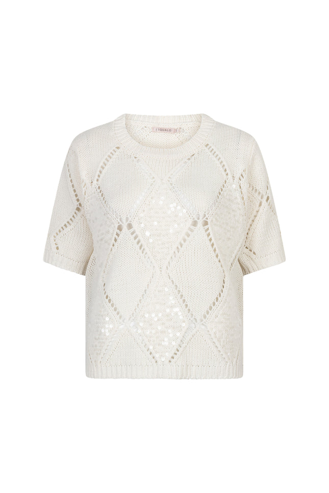 EsQualo Sweater Ajour Diamond Sequins Ecru SP26.02016 Stretchshop.nl