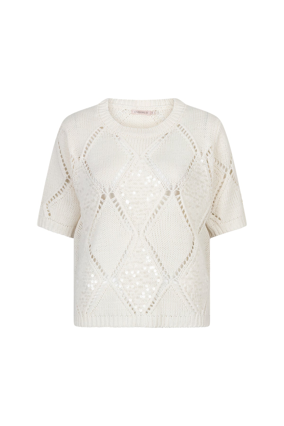 Ecru EsQualo sweater met ajourpatroon en diamantsequin details, comfortabel en stijlvol voor casual draagstijl.