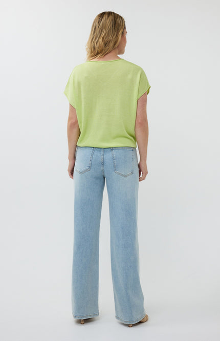 EsQualo Sweater Batwing V-neck Lurex Apple Green Sp25.31004 Stretchshop.nl