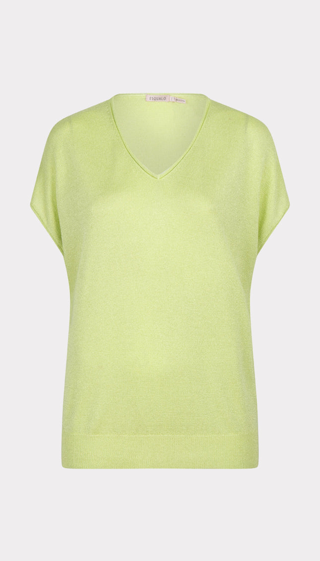 EsQualo Sweater Batwing V-neck Lurex Apple Green Sp25.31004 Stretchshop.nl