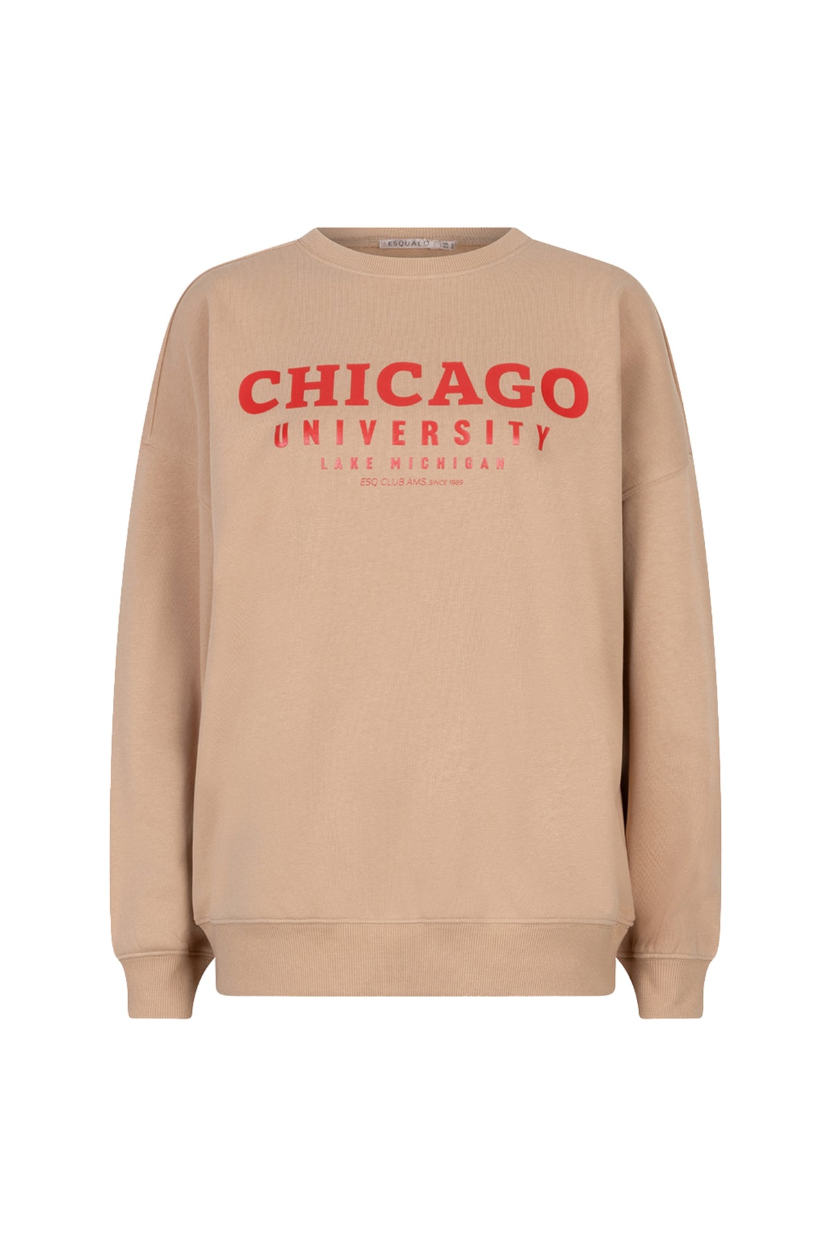 Lichte beige EsQualo Sweater Chicago Sand SP26.05018 met ronde hals en zachte stof, gedragen door een model.