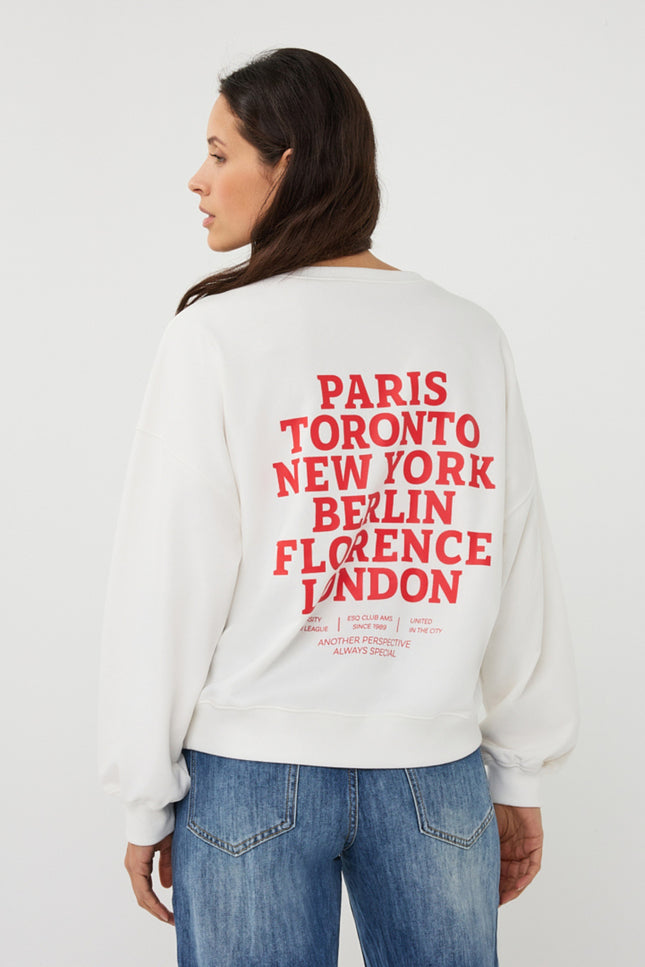 EsQualo Sweater Cities Offwhite Red SP26.05019 Stretchshop.nl