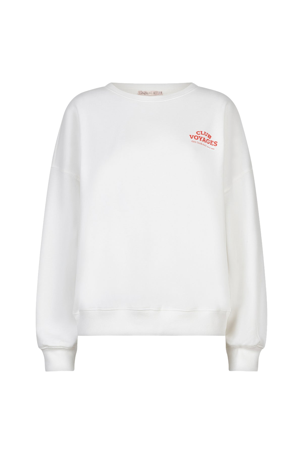 EsQualo sweater Cities in offwhite en rood, zachte katoenen stof en casual pasvorm, zichtbaar op de afbeelding.