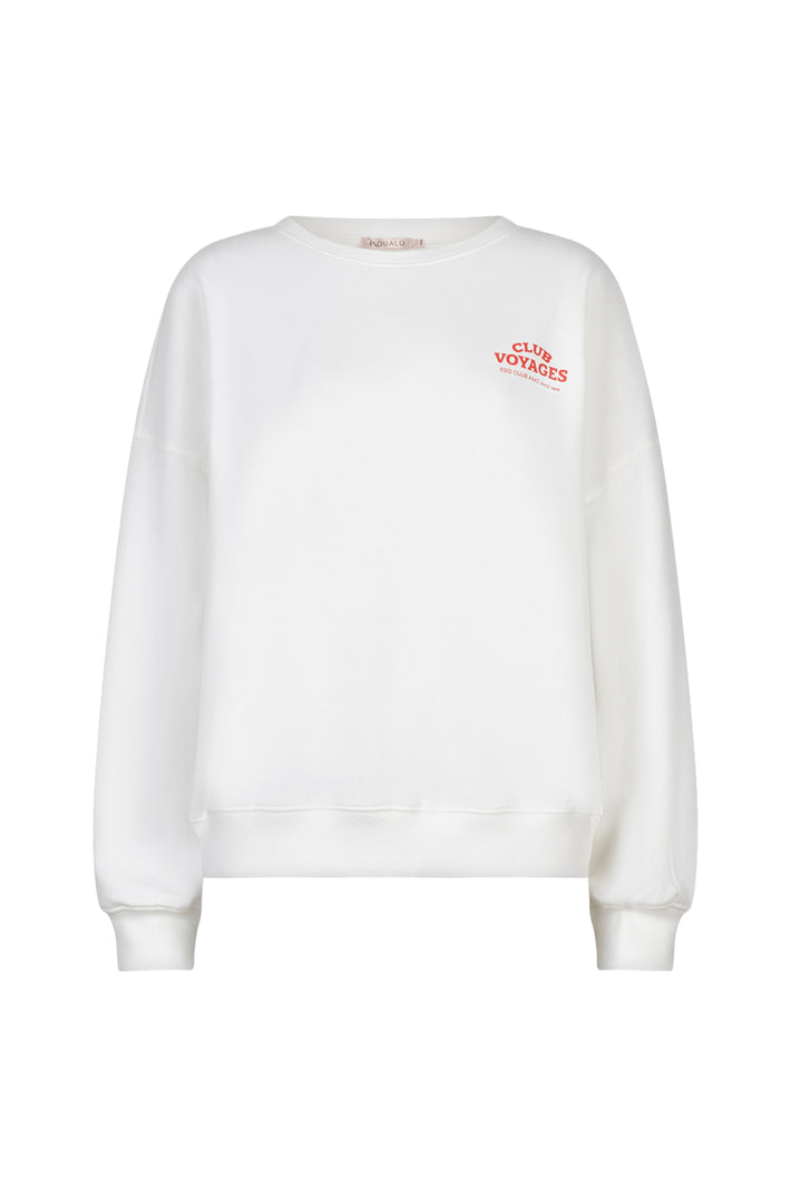 EsQualo sweater Cities in offwhite en rood, zachte katoenen stof en casual pasvorm, zichtbaar op de afbeelding.