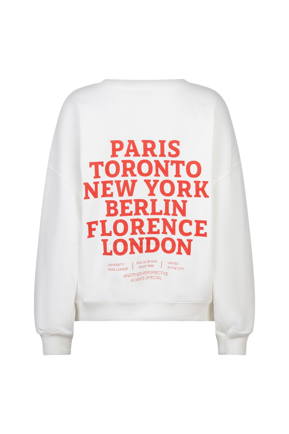 Lichtgrijze en rode EsQualo Cities sweater met grafisch ontwerp, katoenen stof en ronde hals, voor dames of heren.