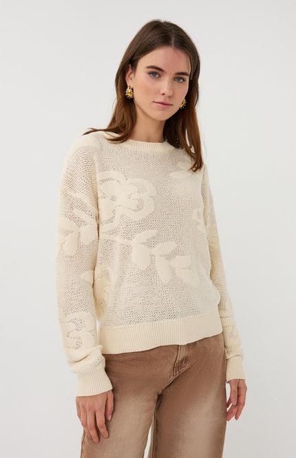 EsQualo Sweater Fancy Daisy Knit Natural SP26.02001 Stretchshop.nl