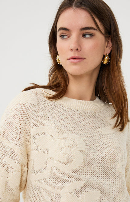 EsQualo Sweater Fancy Daisy Knit Natural SP26.02001 Stretchshop.nl