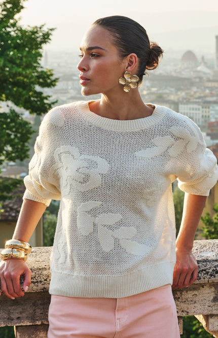 EsQualo Sweater Fancy Daisy Knit Natural SP26.02001 Stretchshop.nl