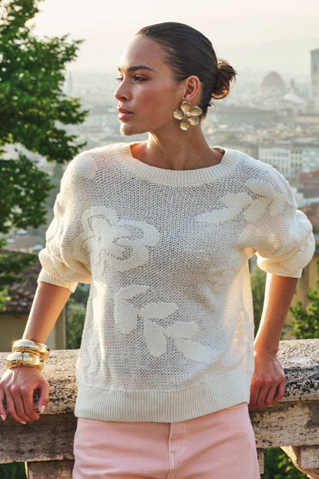 EsQualo Sweater Fancy Daisy Knit Natural SP26.02001 Stretchshop.nl