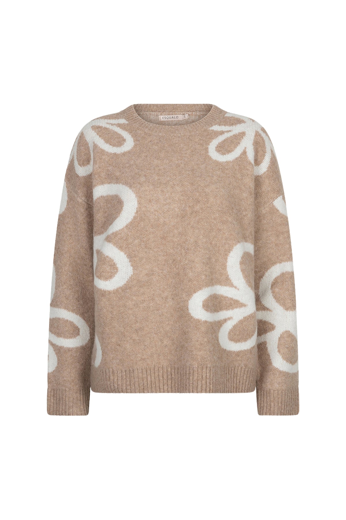 EsQualo sweater met intarsia patroon in zandmelange, zachte textuur, comfortabele pasvorm, geschikt voor casual dragen.