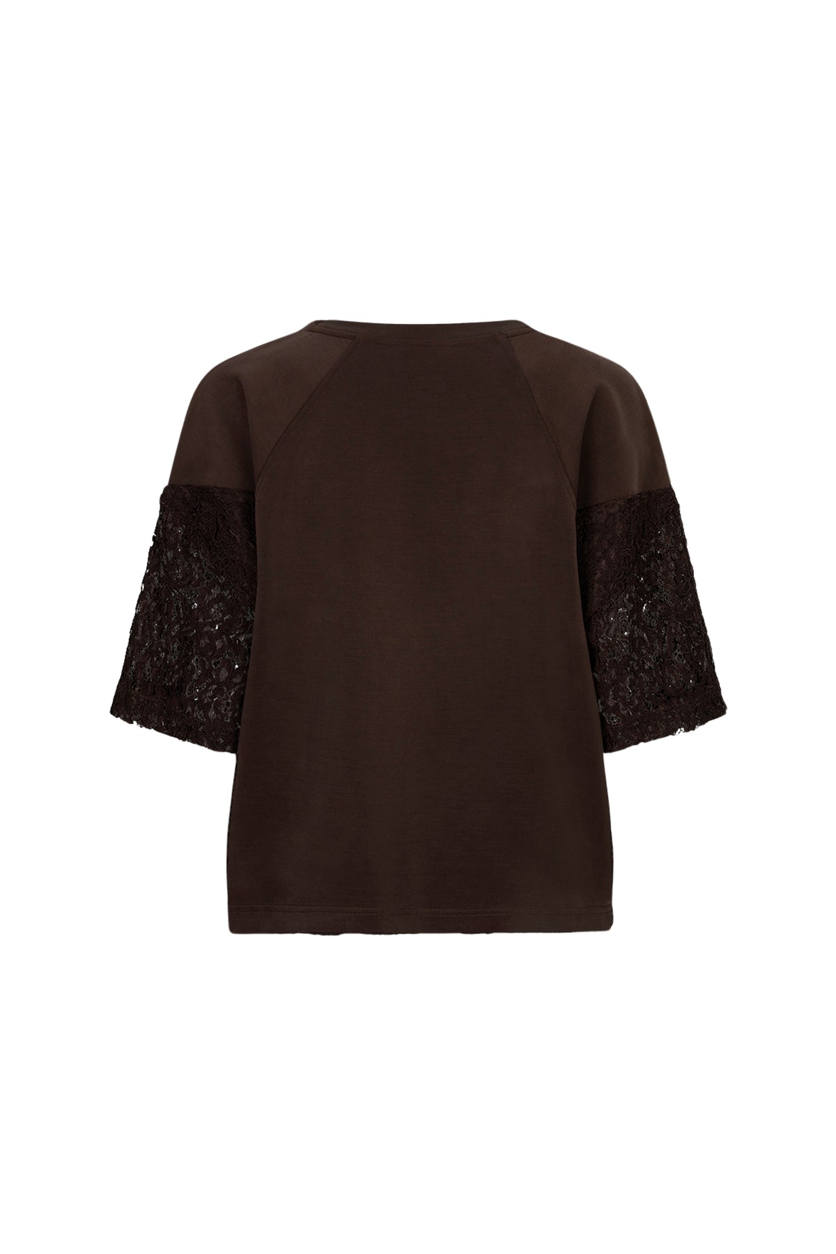 Modale lace sweater van EsQualo in cacao kleur, comfortabel en stijlvol, zichtbaar met fijn breisel en lace details.