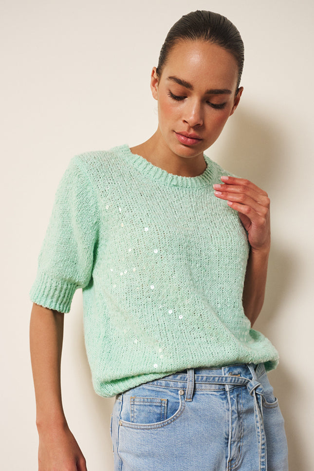 EsQualo Sweater Sequins Light Mint SP26.02004 Stretchshop.nl