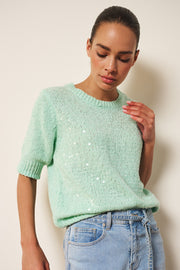 EsQualo sweater met sequins in licht mint, stijlvolle damestrui met glanzende details en comfortabele pasvorm.