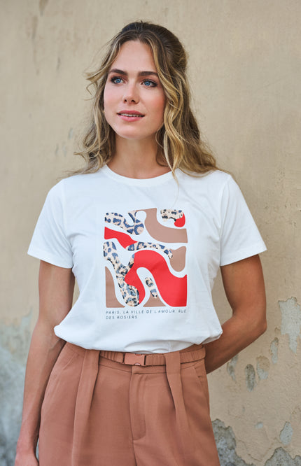 EsQualo T-shirt Paris Offwhite Red SP26.05014 Stretchshop.nl