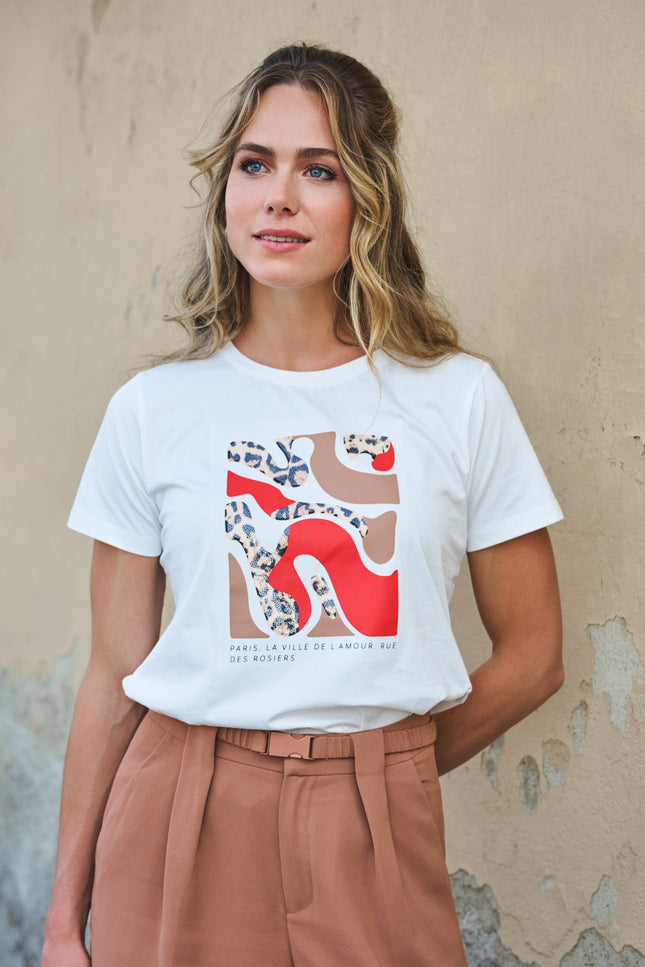 EsQualo T-shirt Paris Offwhite Red SP26.05014 Stretchshop.nl