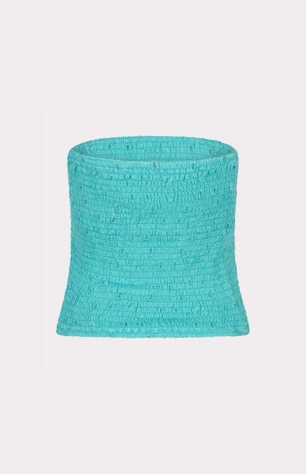 EsQualo Top Bandeau Embroidery Flower Lagoon HS25.09222 Stretchshop.nl