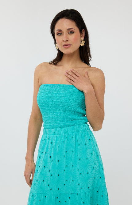 EsQualo Top Bandeau Embroidery Flower Lagoon HS25.09222 Stretchshop.nl