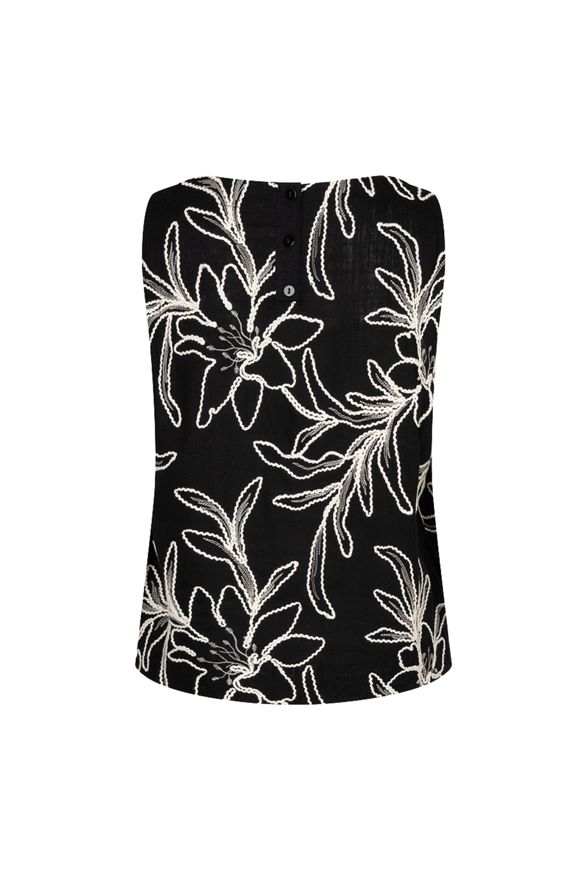Zwart top met bloemenborduursel van EsQualo, modieus en elegant, zichtbaar op de afbeelding.