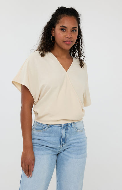 EsQualo Top Overlap Crinkle Sand HS25.10218 Stretchshop.nl