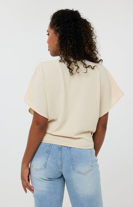 EsQualo Top Overlap Crinkle Sand HS25.10218 Stretchshop.nl