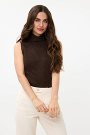 Luxe EsQualo top met korte mouwen en lurex in chocoladebruin, stof met glans, elegante en casual uitstraling