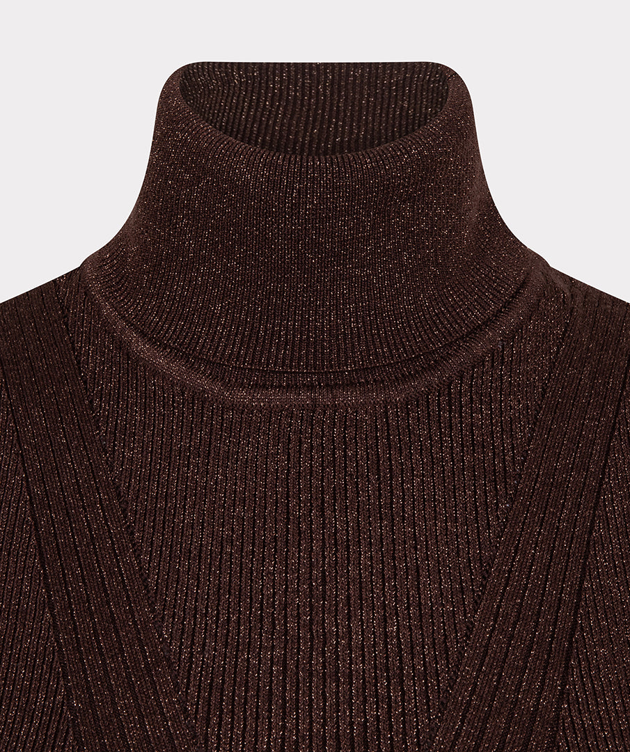 EsQualo top met lange mouwen en lurex in chocoladebruin, stijlvolle damestop voor elegante outfits.