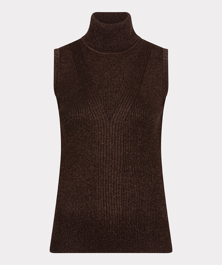EsQualo top met lange mouwen en lurex in chocoladekleur, stijlvolle damesblouse voor feest of casual.