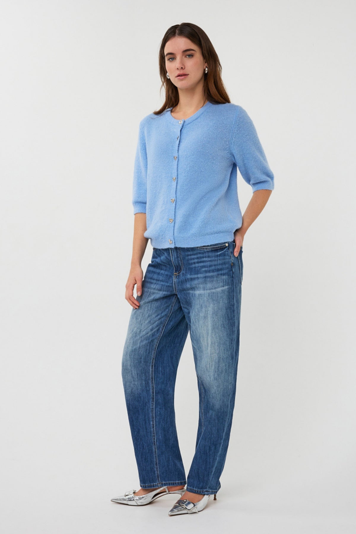 EsQualo vest met opvallende fancy knopen in pacific blue, stijlvolle en modieuze dames jas met details.