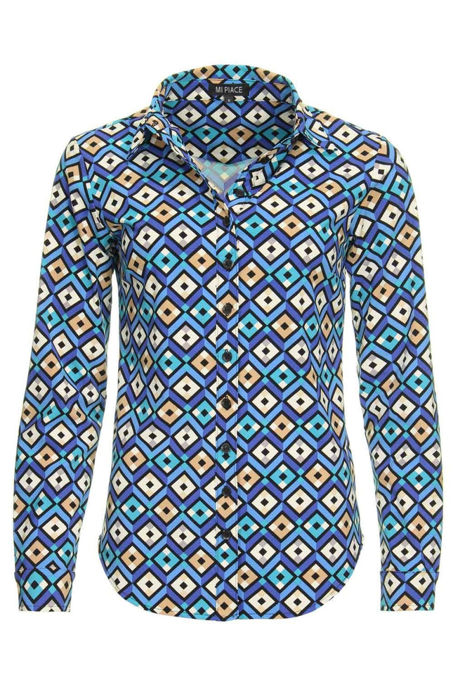 Travel blouse blocks blue 60840 - Stretchshop.nl