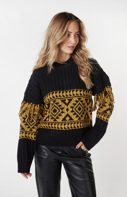 EsQualo Sweater jacquard fringes black olive 18701 Stretchshop.nl
