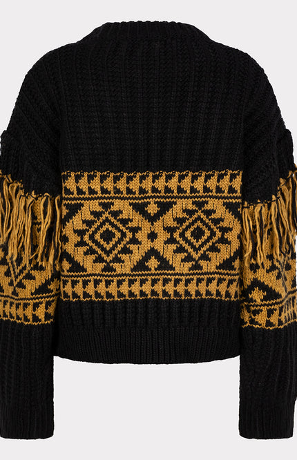 EsQualo Sweater jacquard fringes black olive 18701 Stretchshop.nl