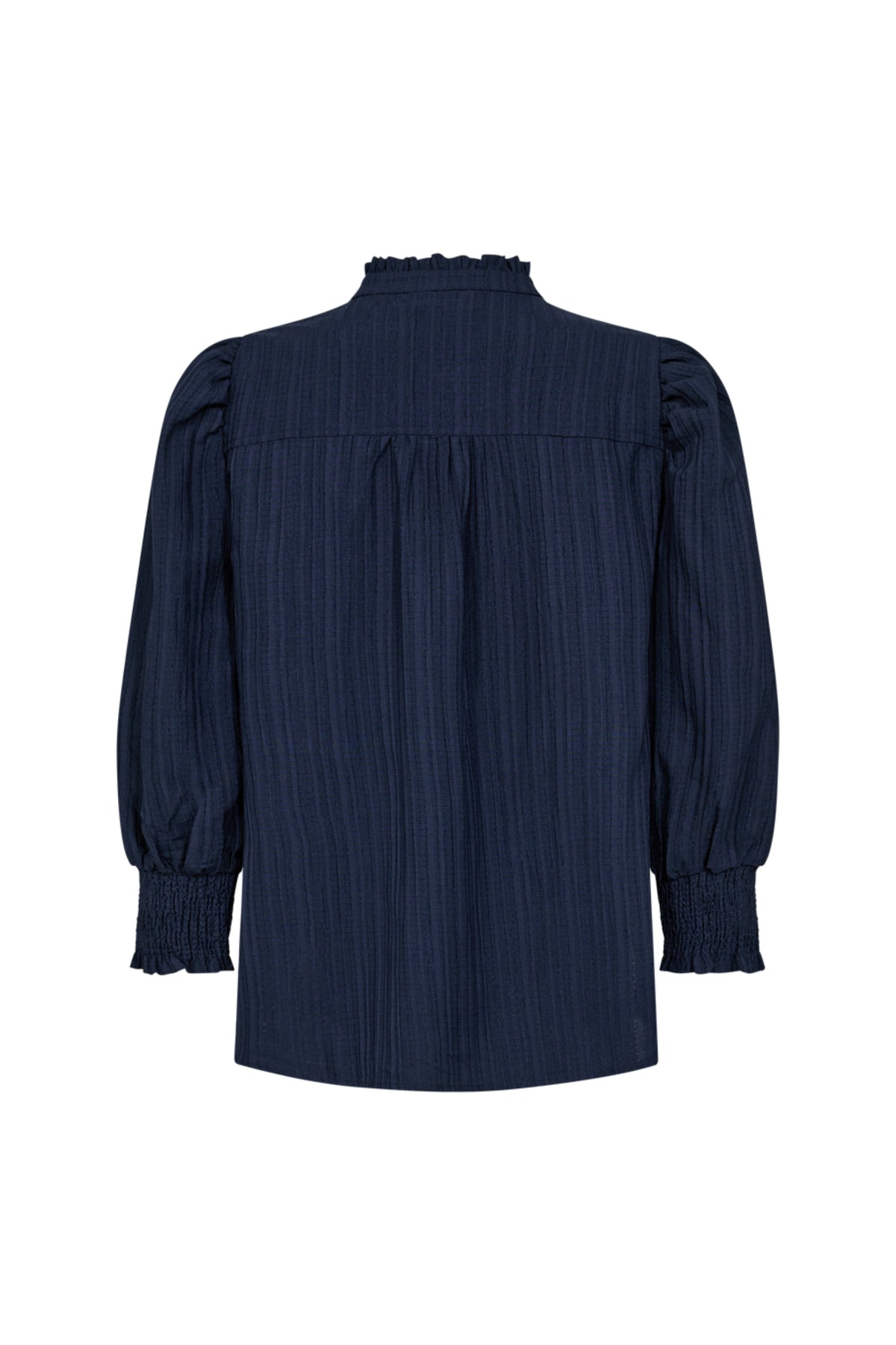 Lichte blauwe blouse van Freequent met knoopsluiting en lange mouwen, model Fqgrsvalse Salute 206362 in close-up.
