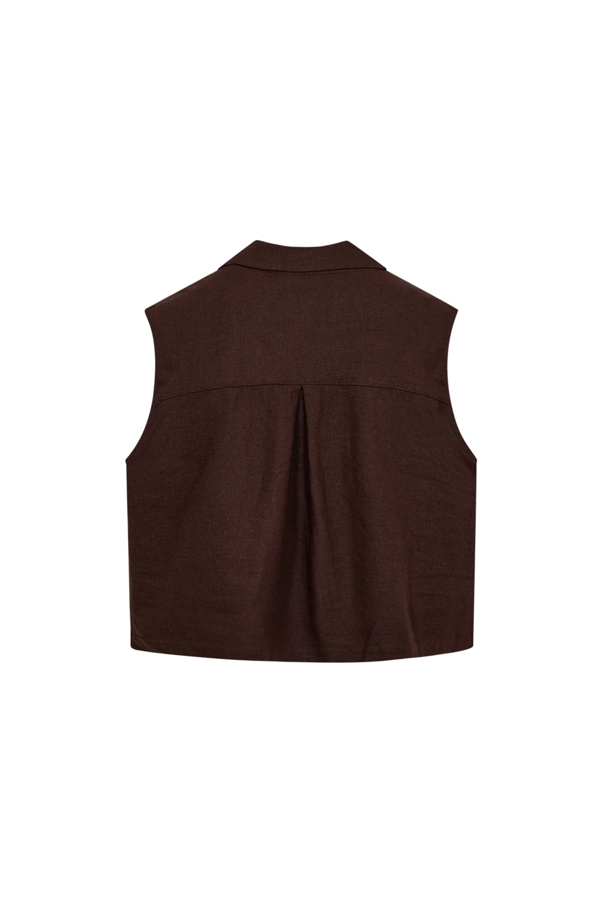 Donkerbruin Freequent Gilet Fqlava Coffee Bean 208323 met rits en kraag, gedragen door een model.