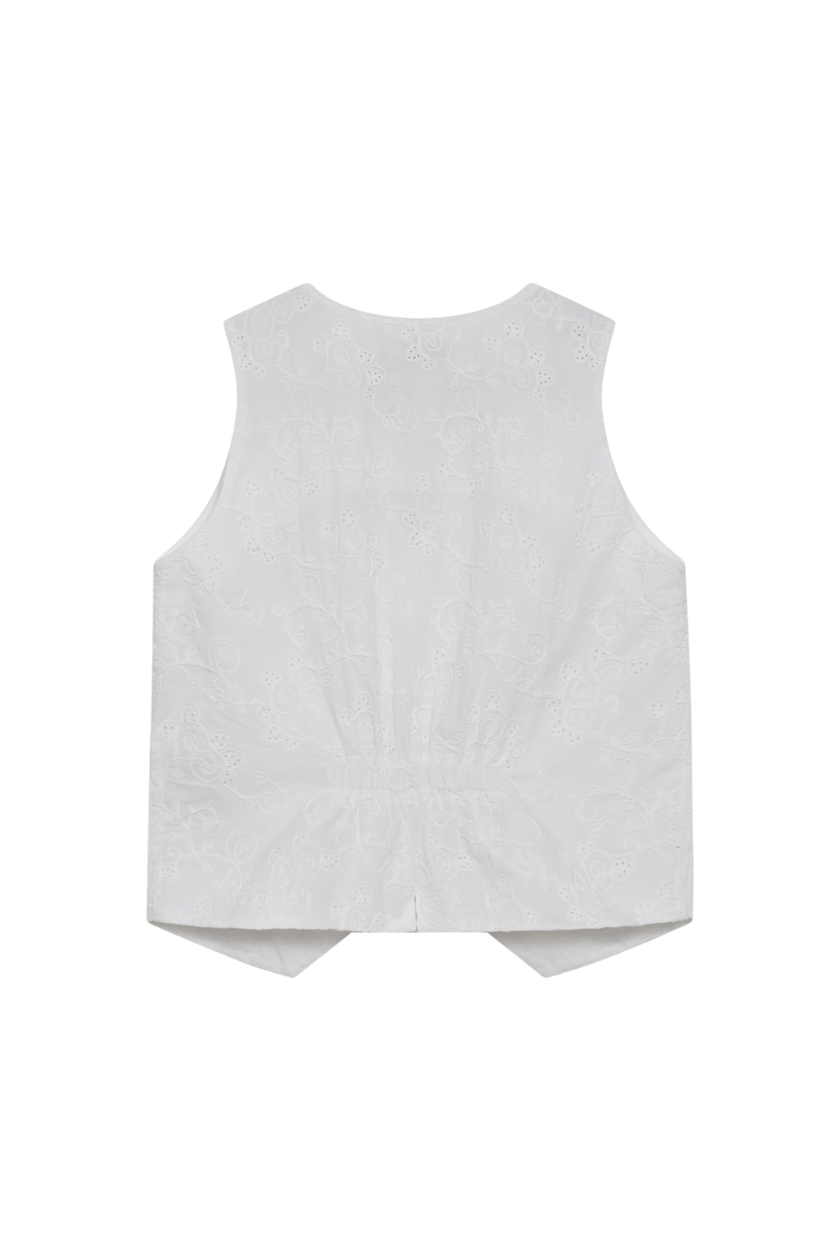 Wit gilet van Freequent met knopen en rits, close-up van het lichte, stijlvolle Fquniqua model.