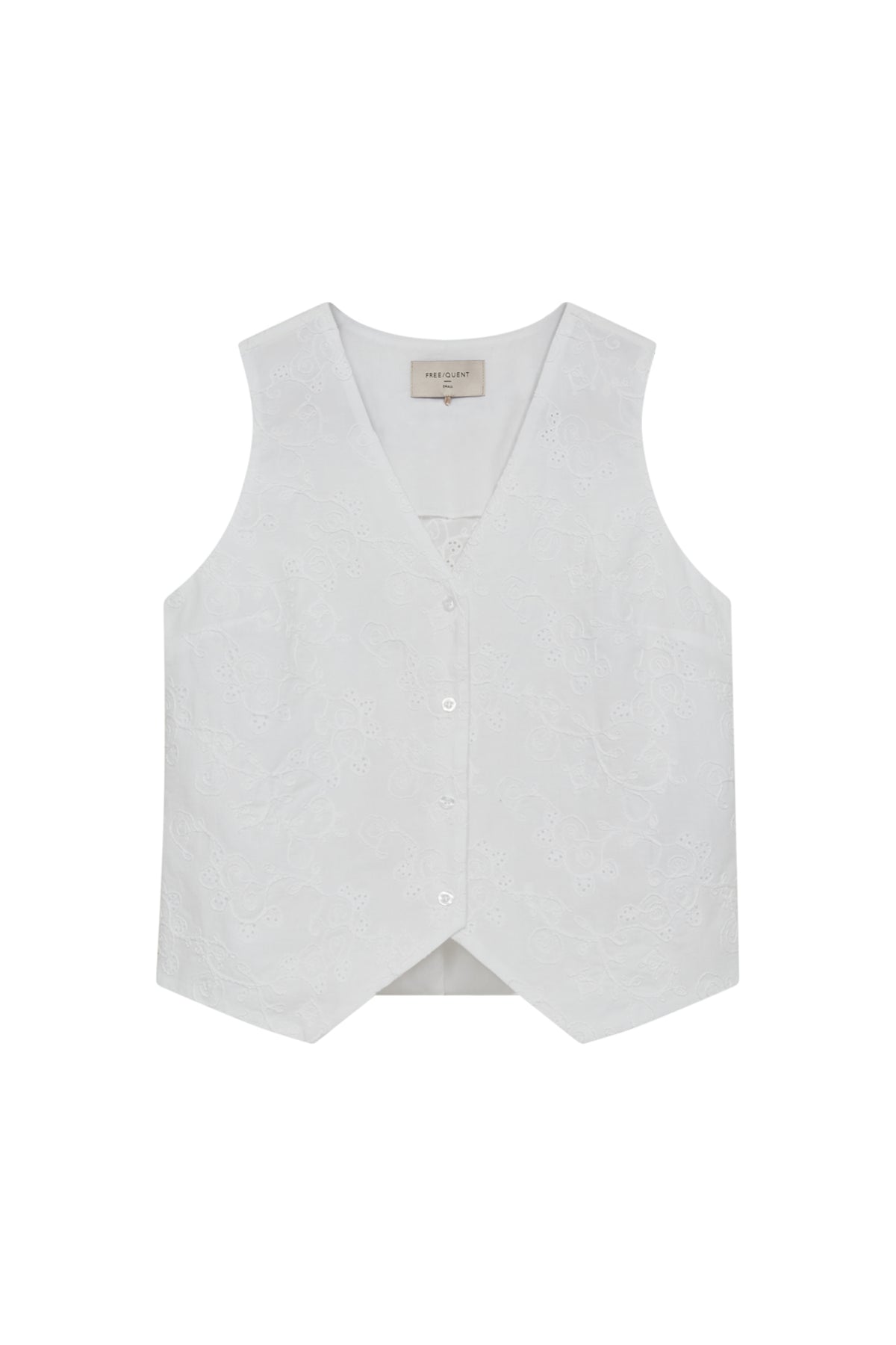 Wit gilet van Freequent, Fquniqua Brilliant White, met ritssluiting en gewatteerde stof, zichtbaar op de afbeelding.