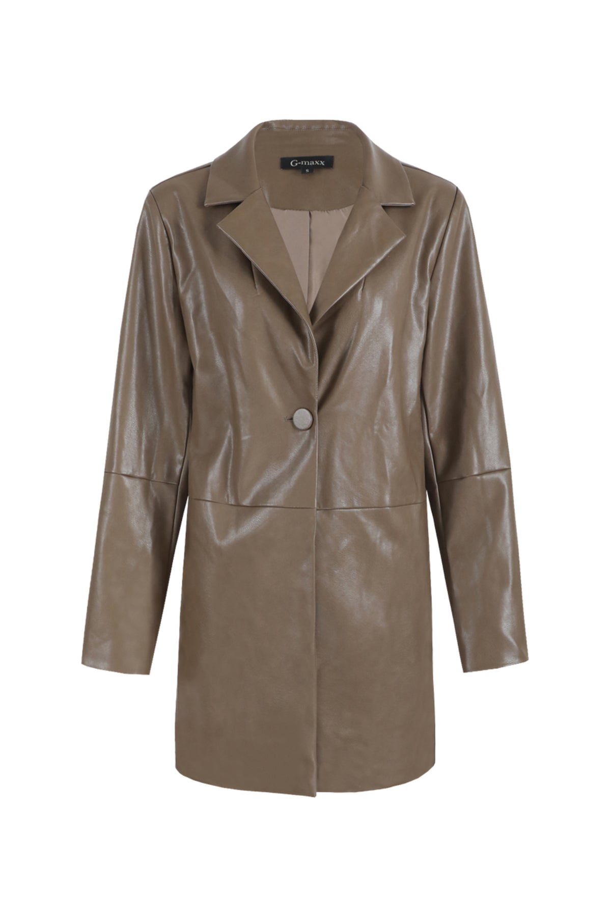 Groene G-maxx Charlize blazer met knopen en reverskraag, gedragen door een model, close-up van het stijlvolle damesblazer.