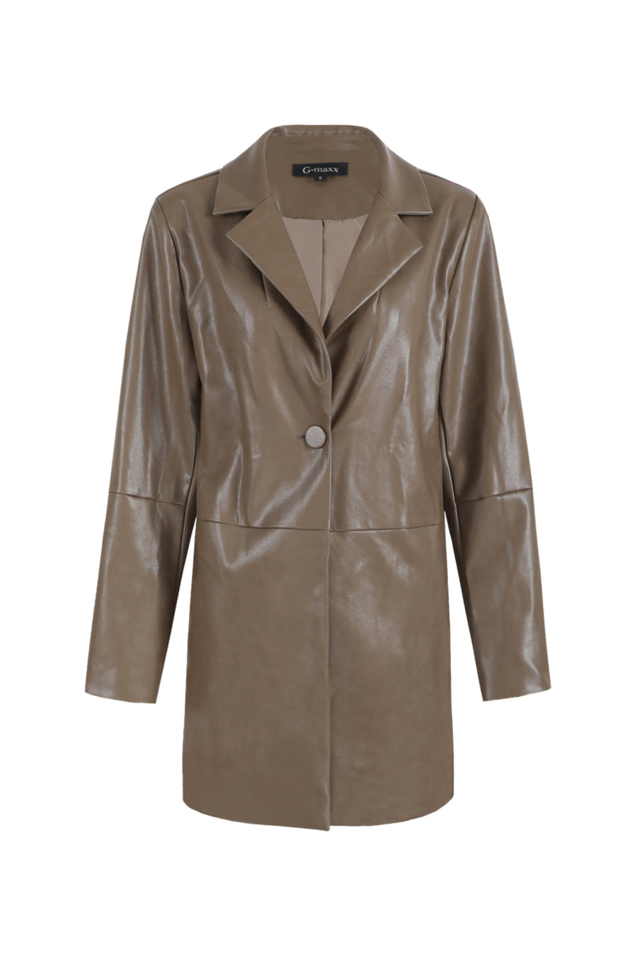 Groene G-maxx Charlize blazer met knopen en reverskraag, gedragen door een model, close-up van het stijlvolle damesblazer.