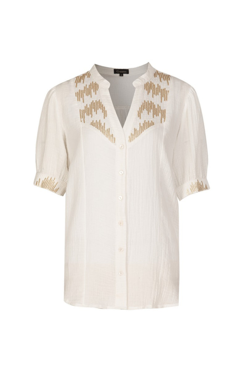 Offwhite blouse Christy van G-maxx met lange mouwen en knoopsluiting, gedragen door een model.