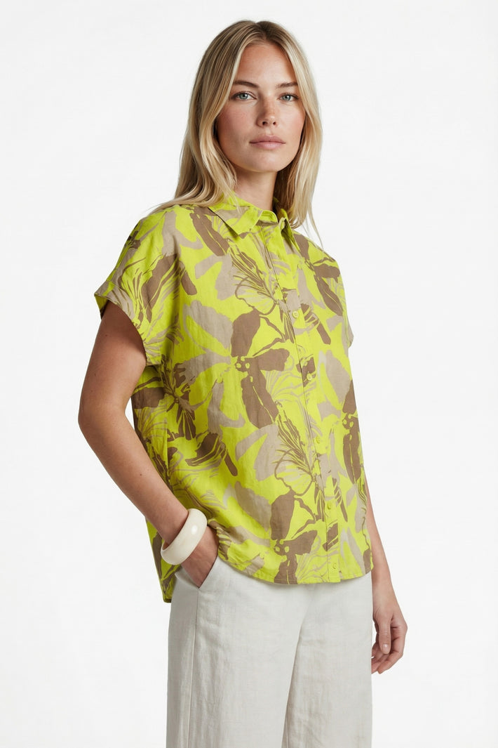 G-maxx blouse Nanna Cyber Lime Walnut, lichtgroene en bruine blouse met lange mouwen en losvallende pasvorm op afbeelding.