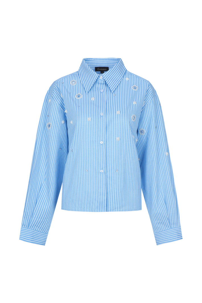 Blouse Wenya van G-maxx in hemelsblauw en offwhite, met elegante pasvorm en zachte stof zichtbaar op de afbeelding