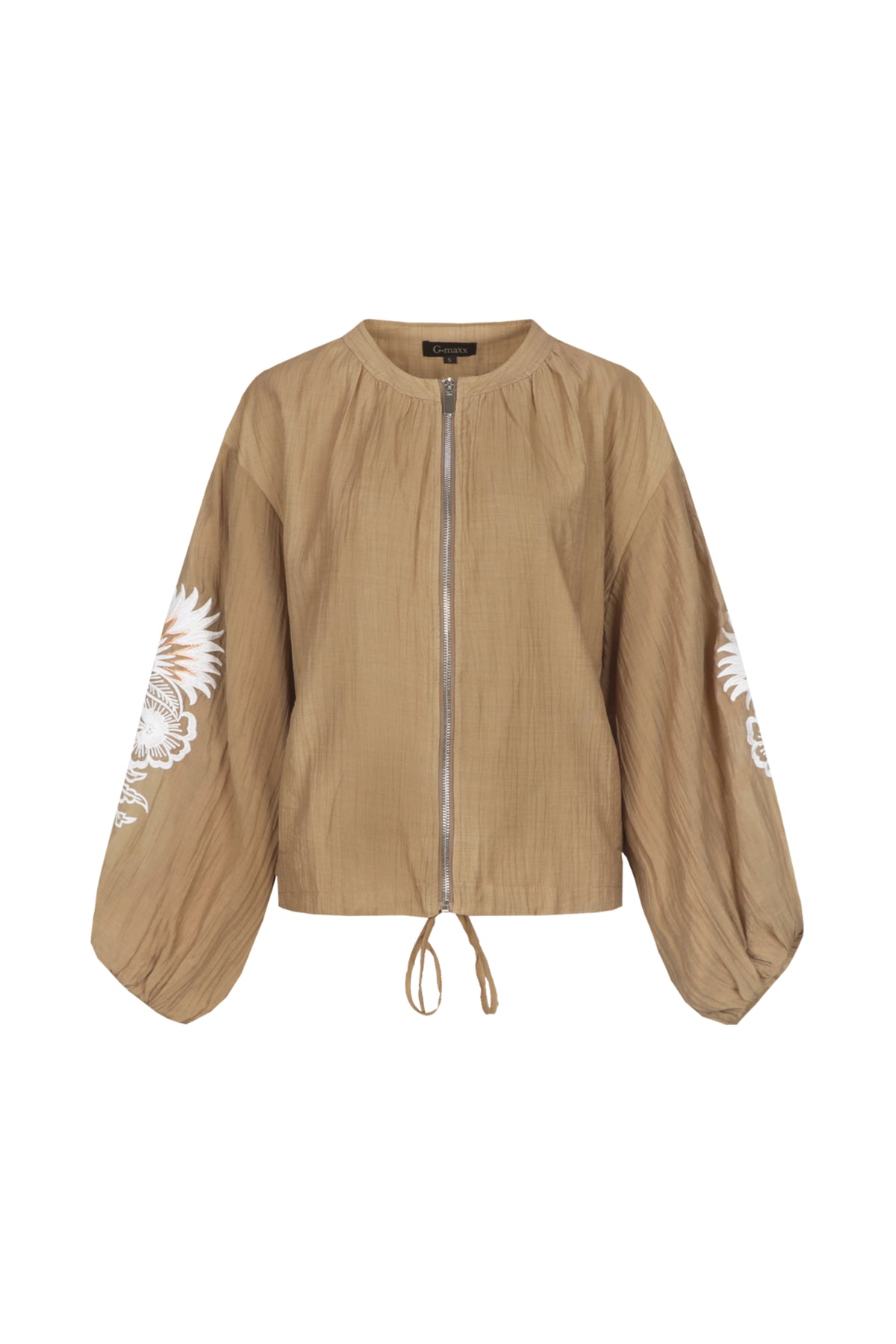 G-maxx Zaira Kint camel jacket, damesmodel met rits en kraag, zichtbaar in close-up op afbeelding.