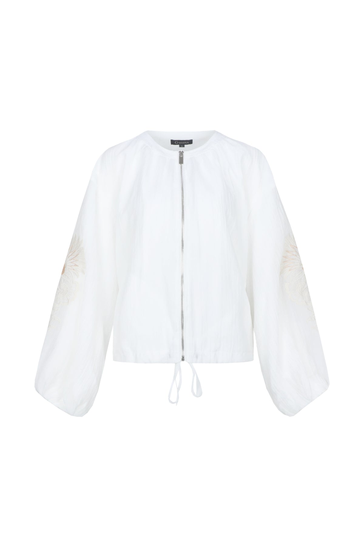 Lichte offwhite G-maxx Zaira jas met stijlvolle details en comfortabele pasvorm, zichtbaar in de afbeelding.