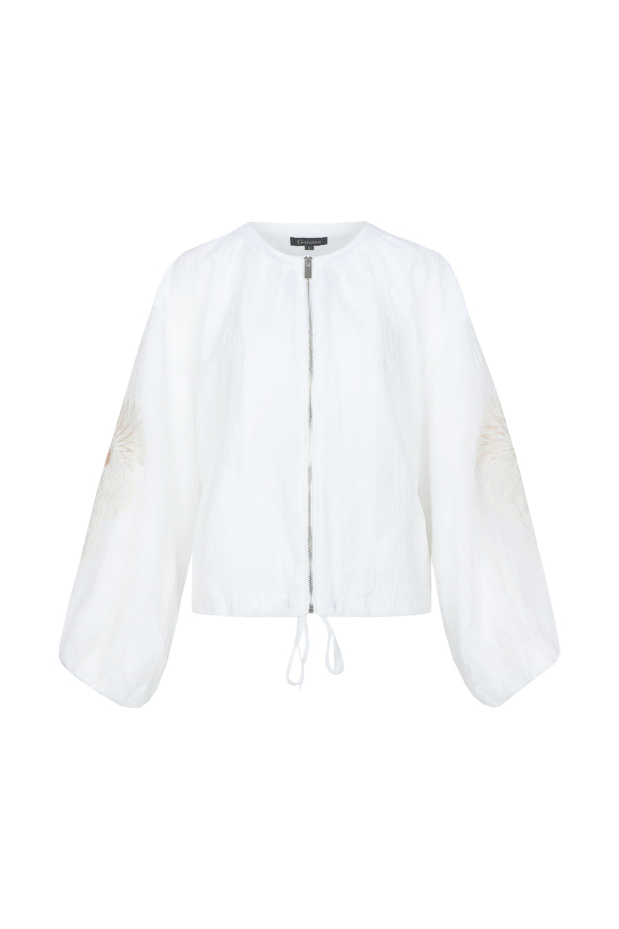 Lichte offwhite G-maxx Zaira jas met stijlvolle details en comfortabele pasvorm, zichtbaar in de afbeelding.